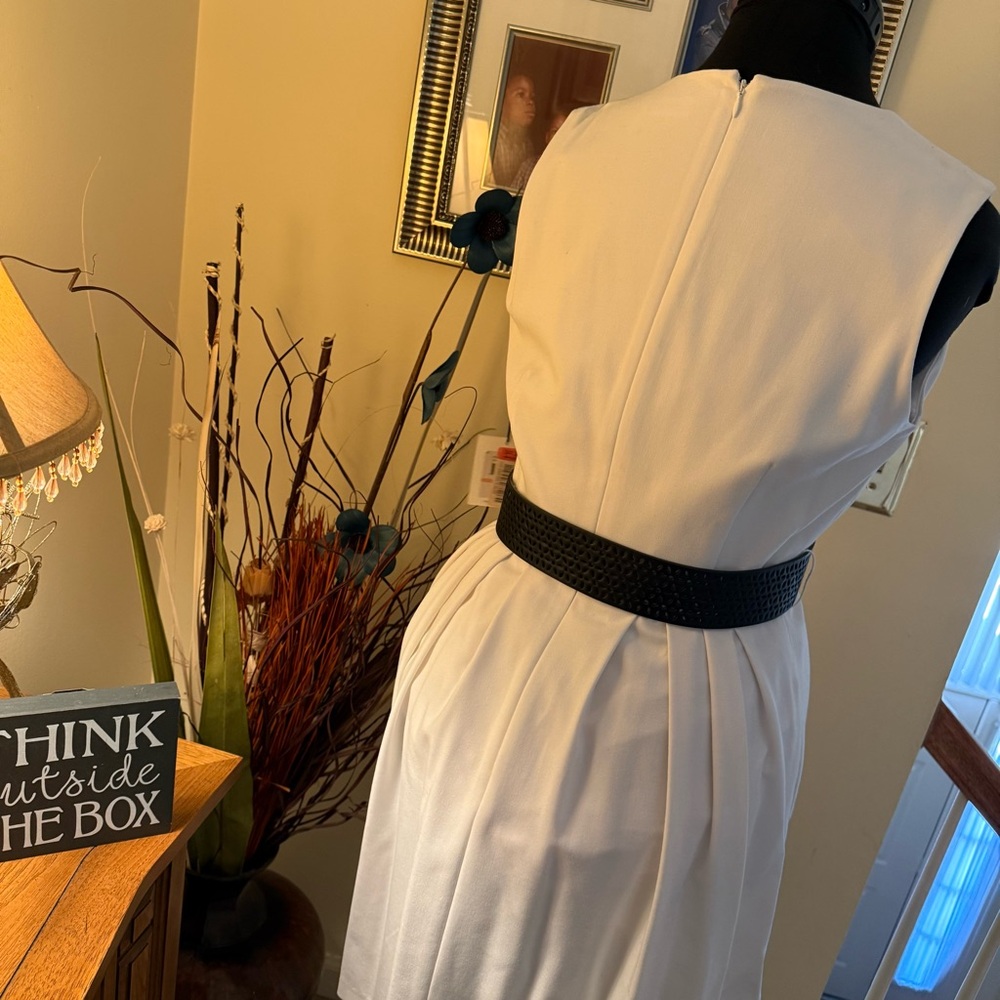 Calvin Klein White Sleeveless Pleated Midi Dress with Black Belt - Picture 12 of 15